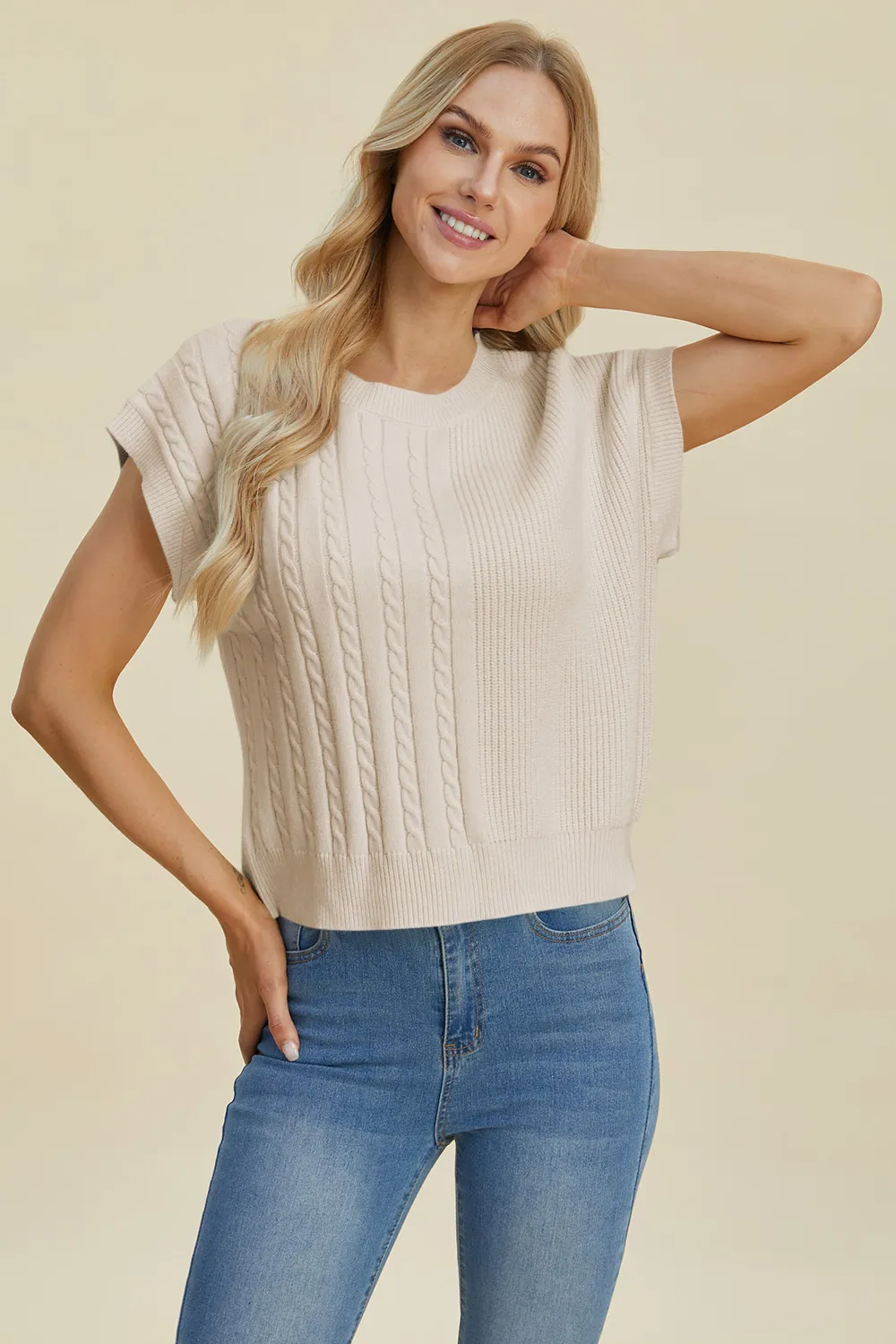 Full Size Cable-Knit Round Neck Short Sleeve Sweater, image 4