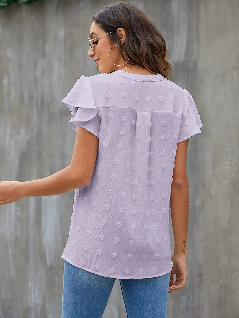Swiss Dot Notched Flutter Sleeve Blouse, image 6