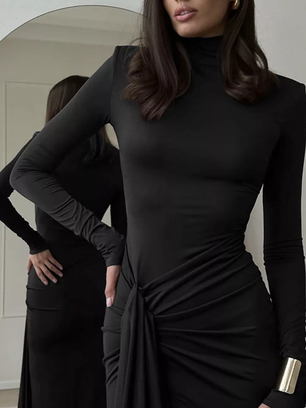 Turtleneck Long Sleeve Slit Maxi Dress
