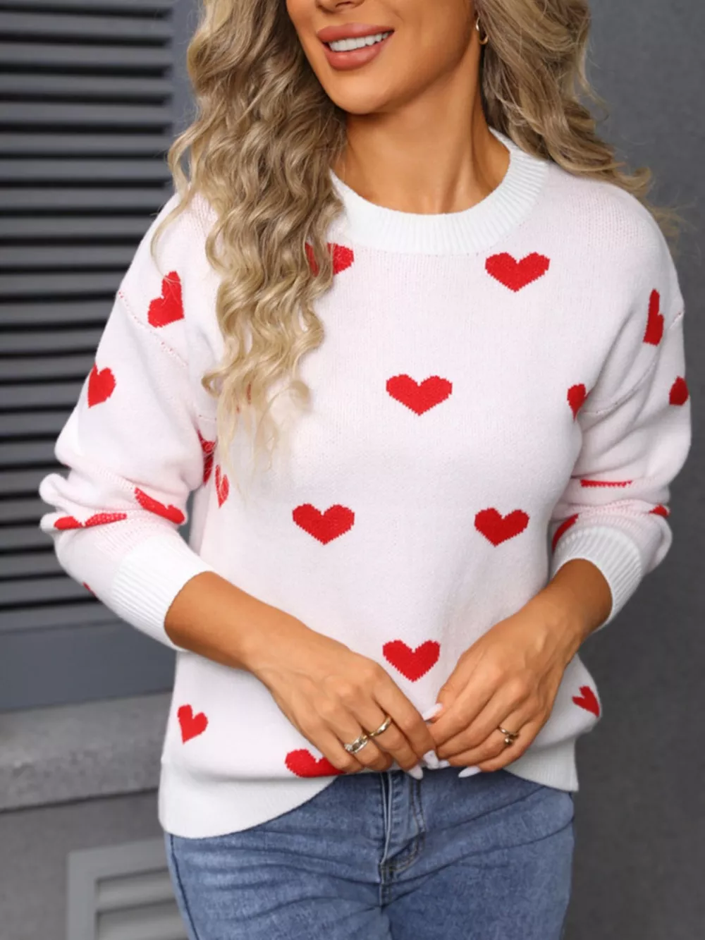Valentine's Day Heart Pattern Dropped Shoulder Sweater, image 3