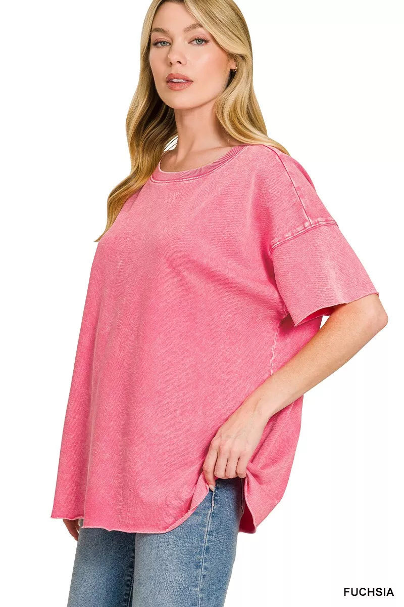 Acid Wash French Terry Drop Shoulder Raw Edge Top, image 2