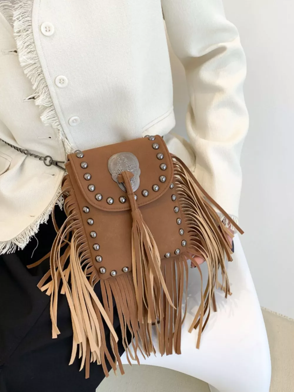 Fringe Rivet Decor Crossbody Bag, image 8