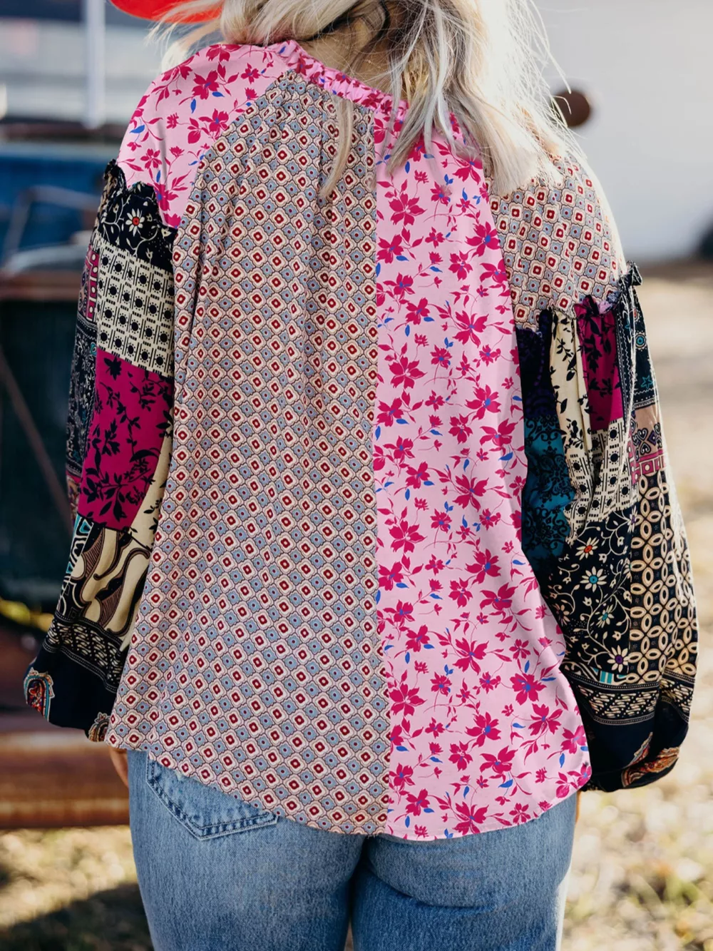 Boho Mixed Floral Drop Shoulder Bubble Sleeve Blouse, image 2