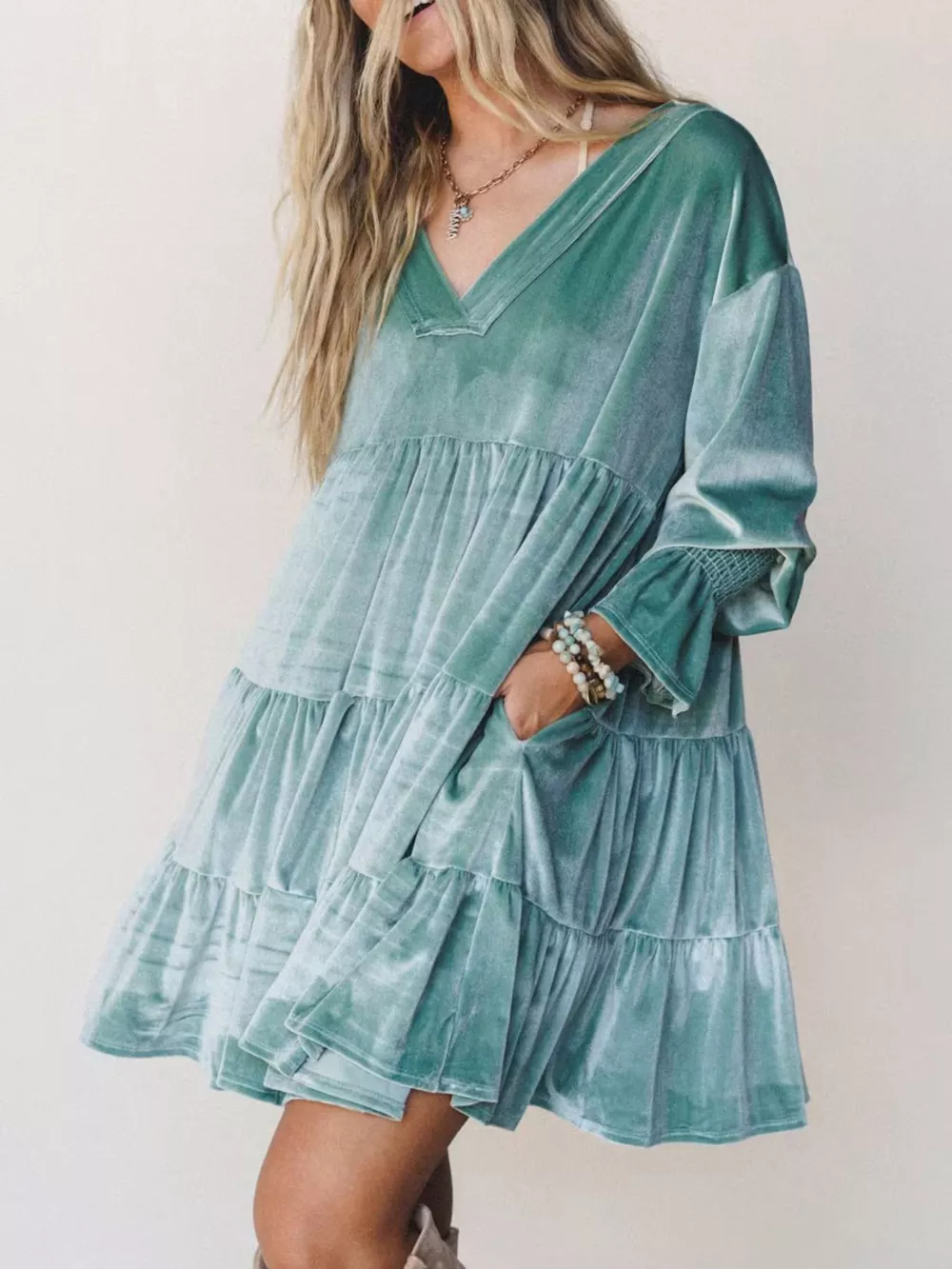 Velvet Tiered Mini Dress with Balloon Sleeves, image 7