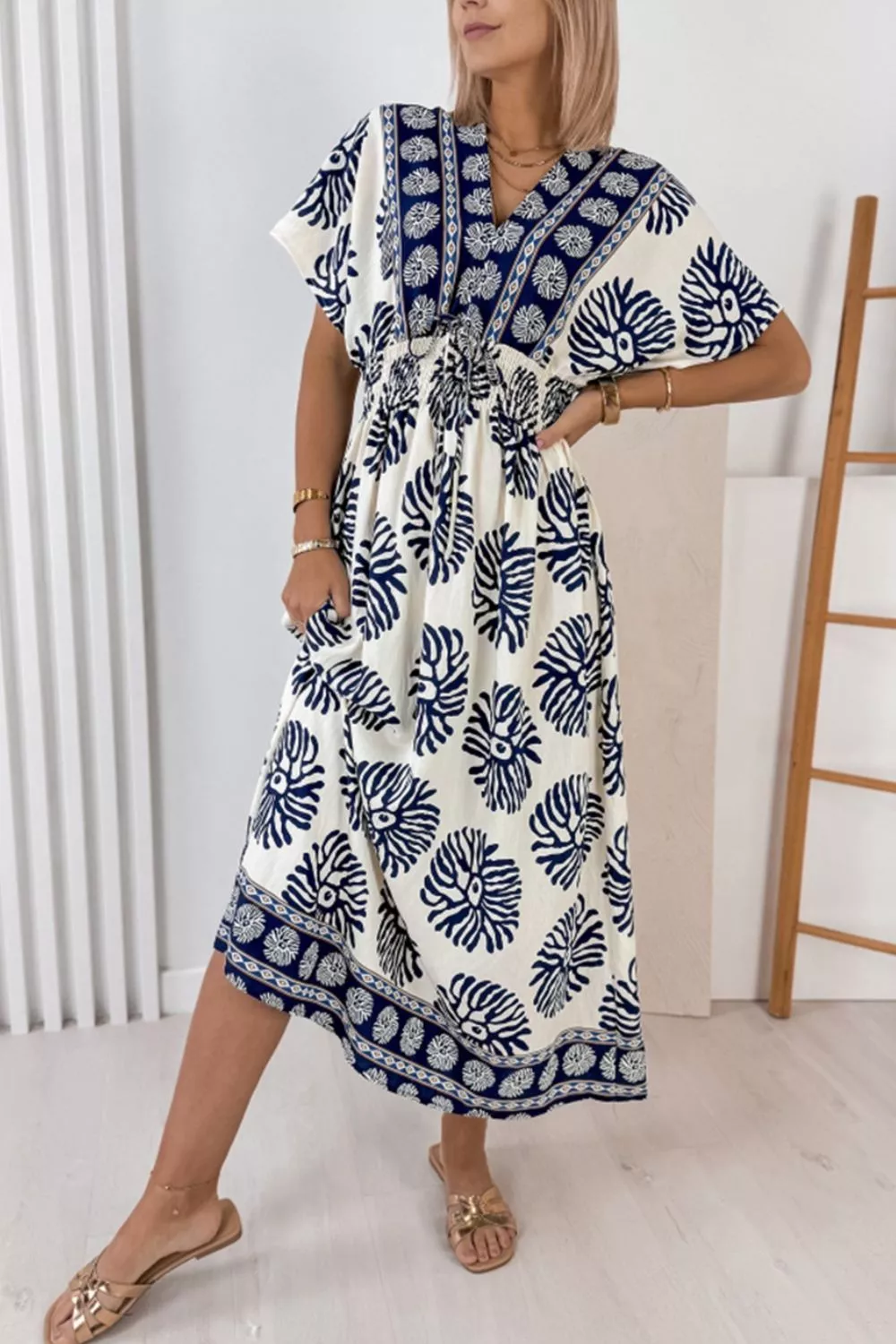 Floral Print Contrast Patchwork V Neck Dolman Dress, image 3