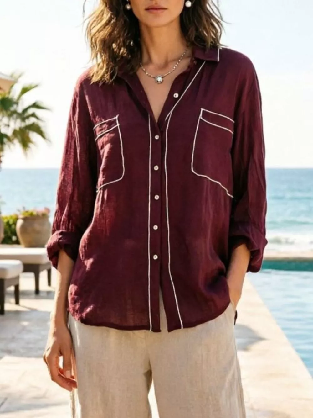 Contrast Trim Button Up Long Sleeve Shirt, image 10