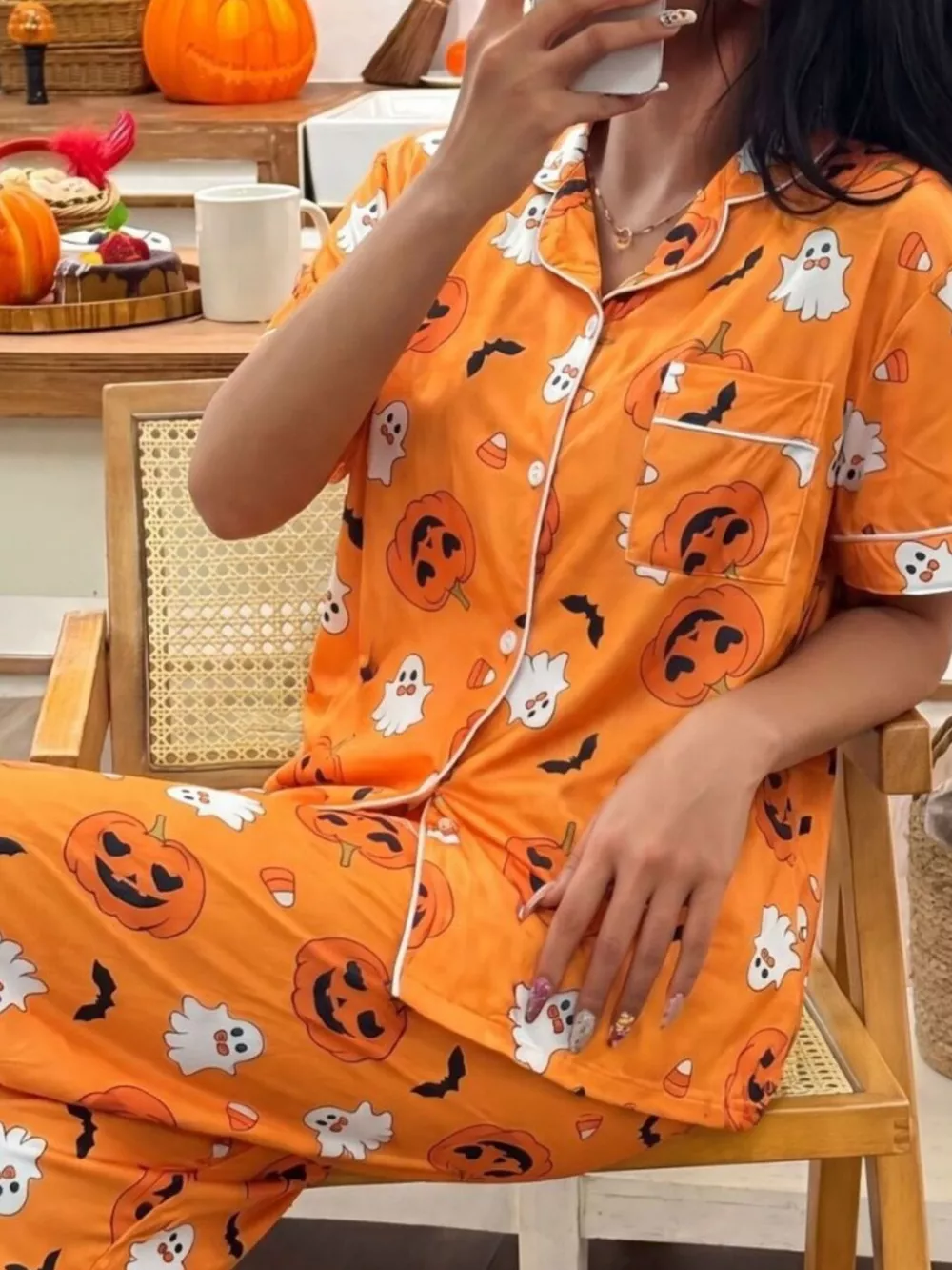Halloween Pumpkin Print Button-Down Top and Pants Set, image 6