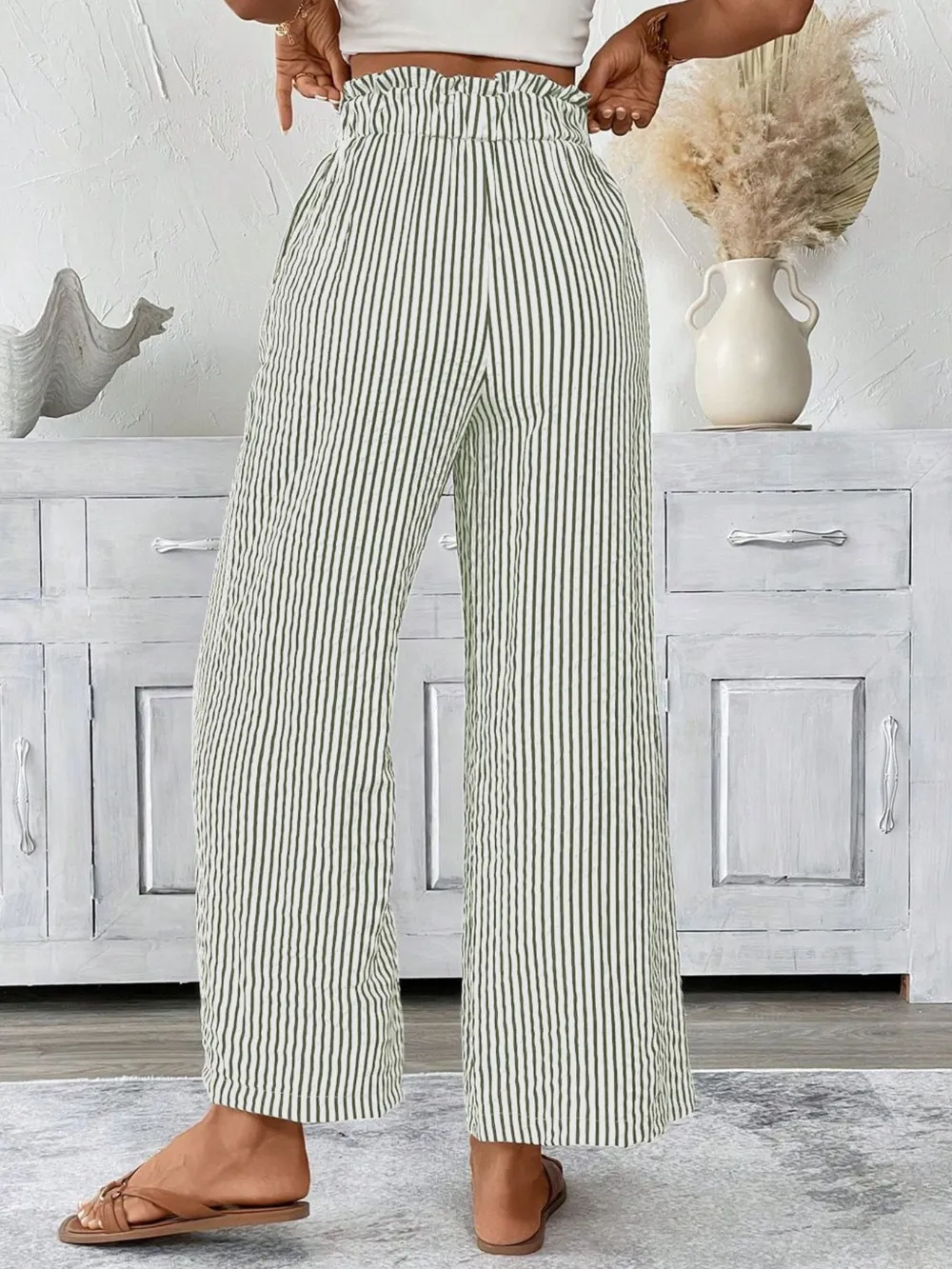 Full Size Striped Wide Leg Paper Bag Pants Plus Size, image 2