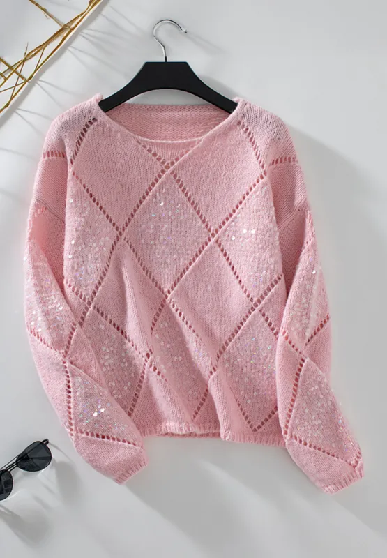 Openwork Sequin Round Neck Long Sleeve Sweater, image 5