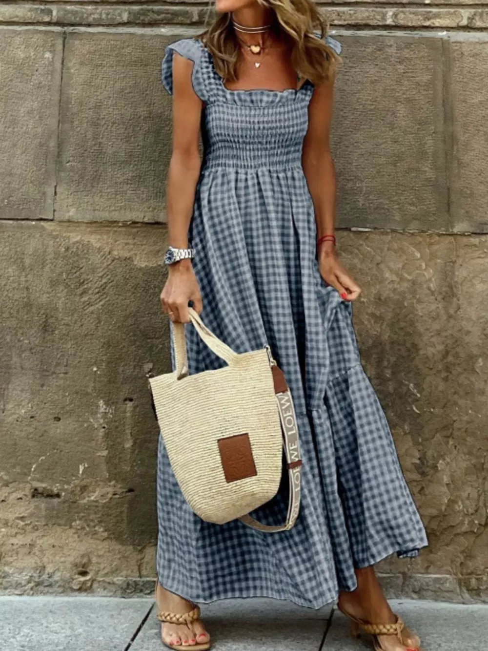 Full Size Gingham Smocked Ruffle Maxi Dress Plus Size, image 2
