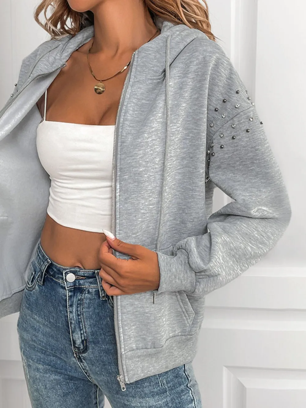 Rhinestone Zip Up Long Sleeve Hoodie, image 2