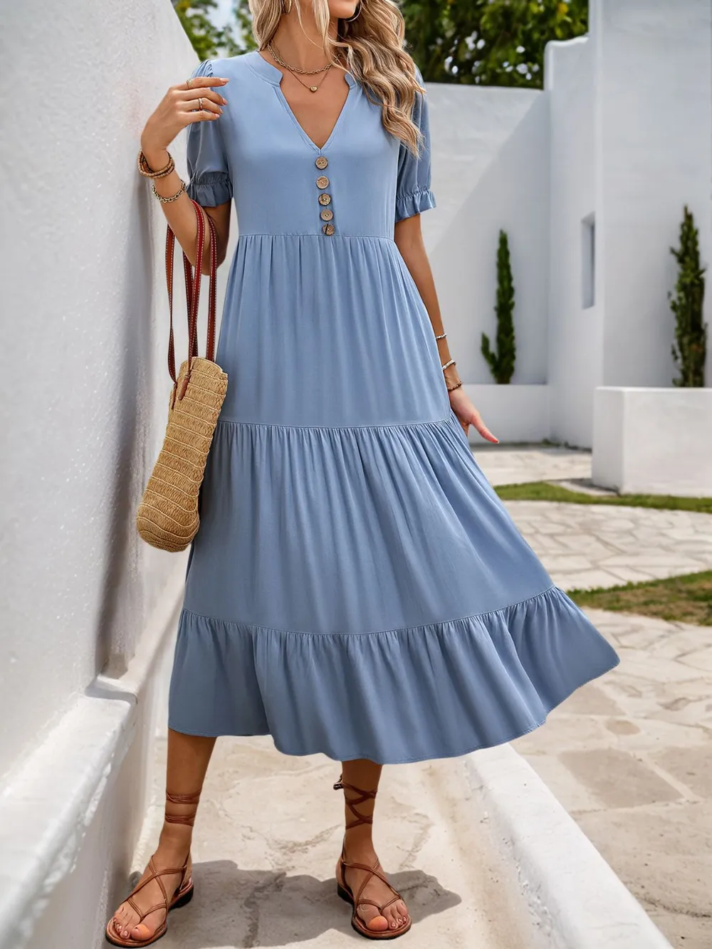 Decorative Button Notched Short Sleeve Midi Dress, image 2