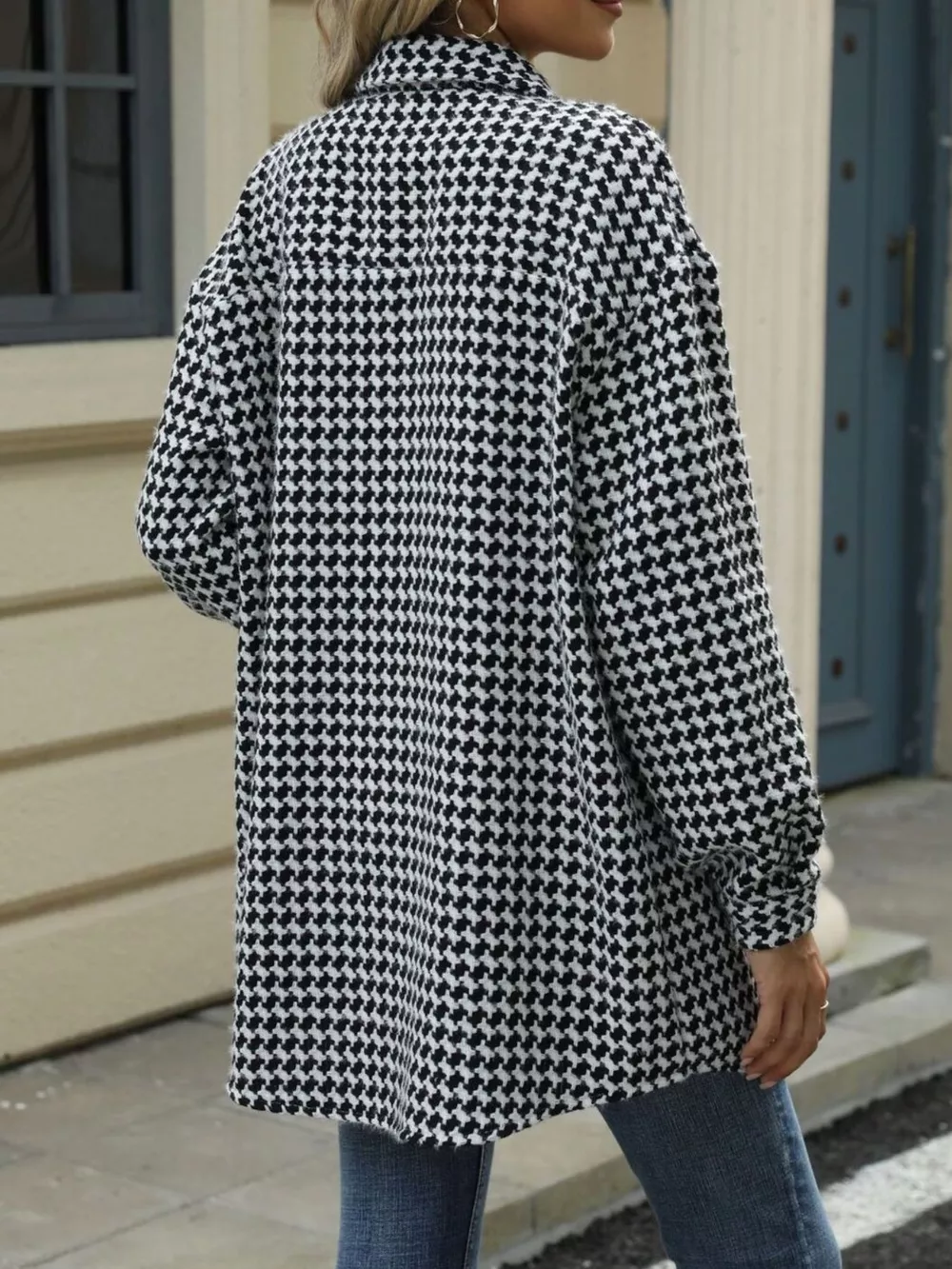 Houndstooth Button Up Long Sleeve Coat, image 7