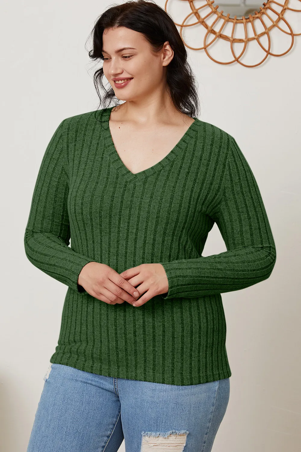 Full Size Ribbed V-Neck Long Sleeve T-Shirt, image 3