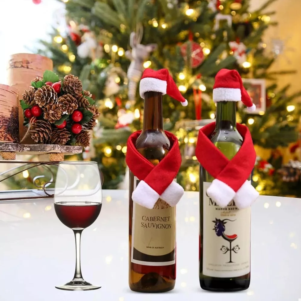 2 Piece Christmas Wine Bottle Santa Hat & Scarf Decorative Covers