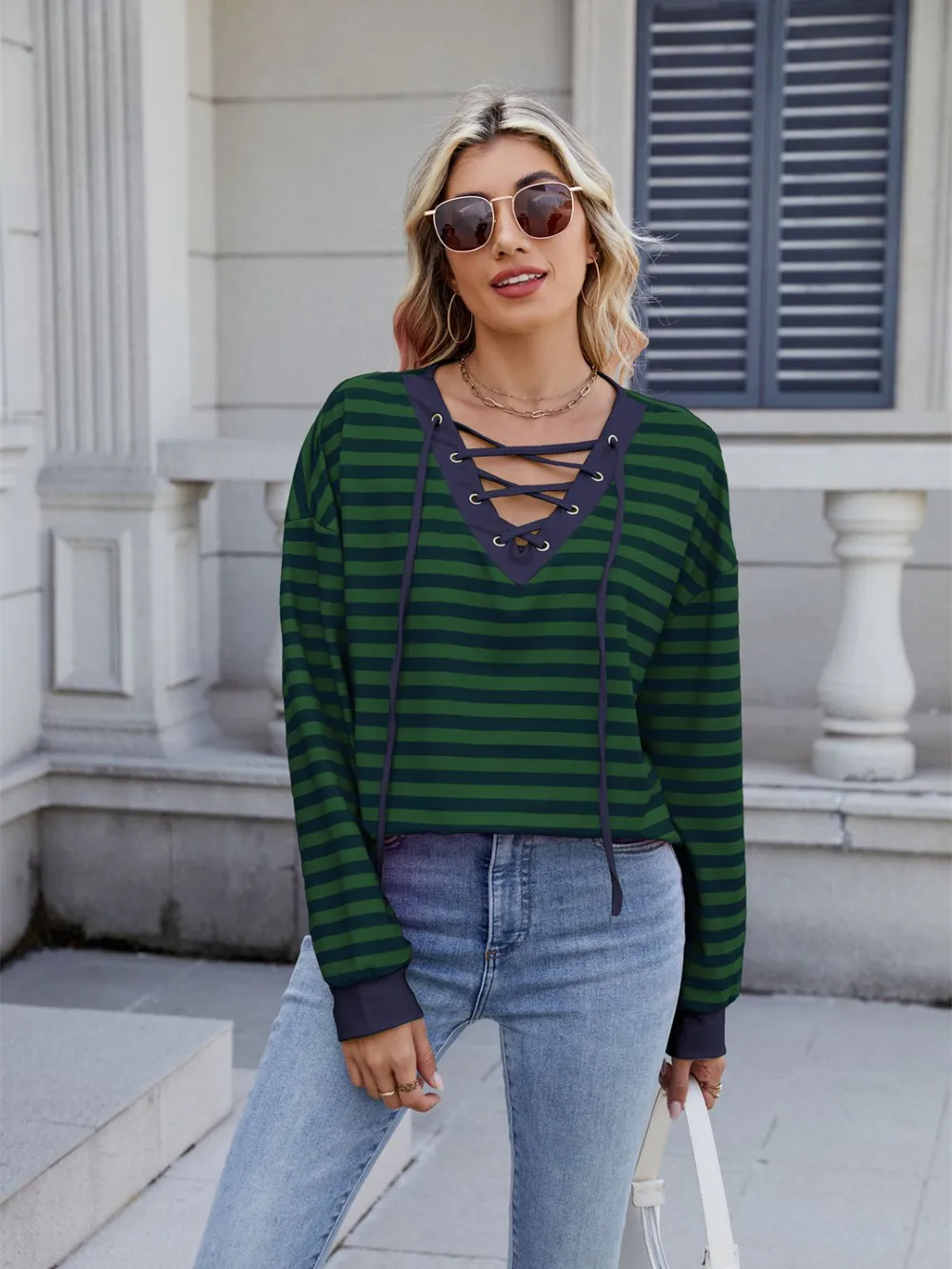 Lace-Up Striped Long Sleeve T-Shirt, image 18