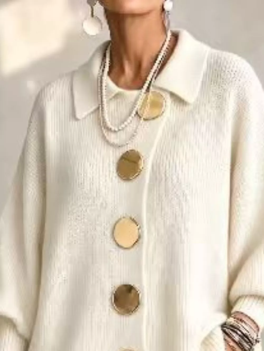 Full Size Gold Buttons Lantern Sleeve Cardigan Plus Size, image 2