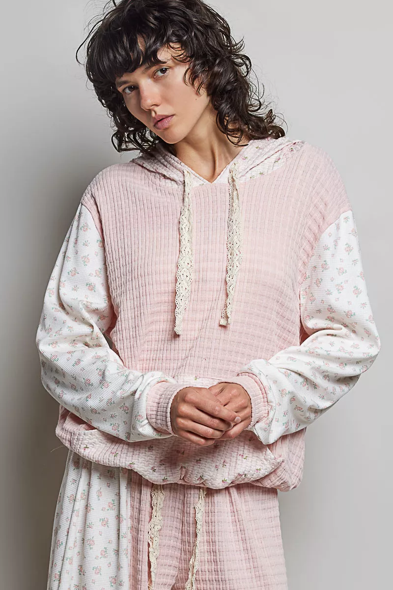 POL Mixed Knit Contrast Print Sleeve Hoodie with Kangaroo Pocket, image 4