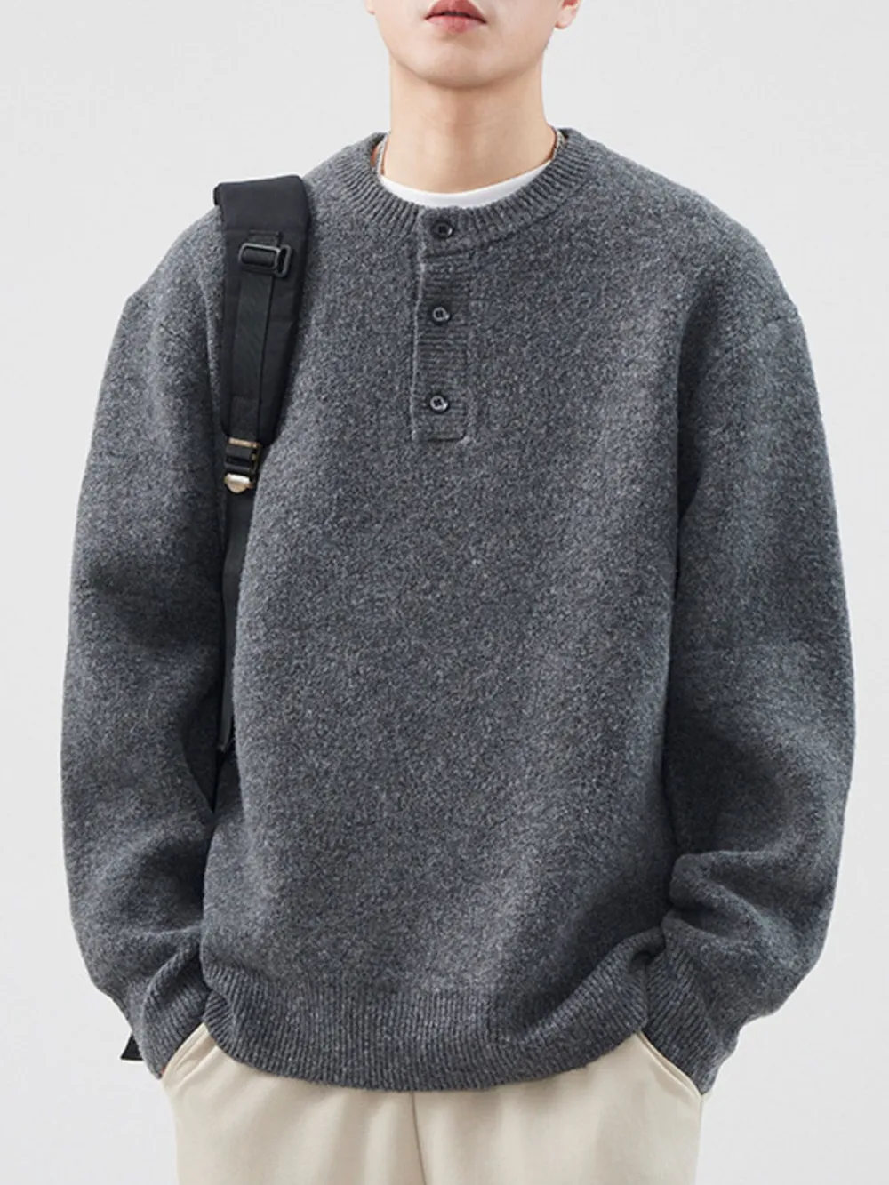 Men's Plus Size Button Detail Ribbed Hem Sweater, image 5