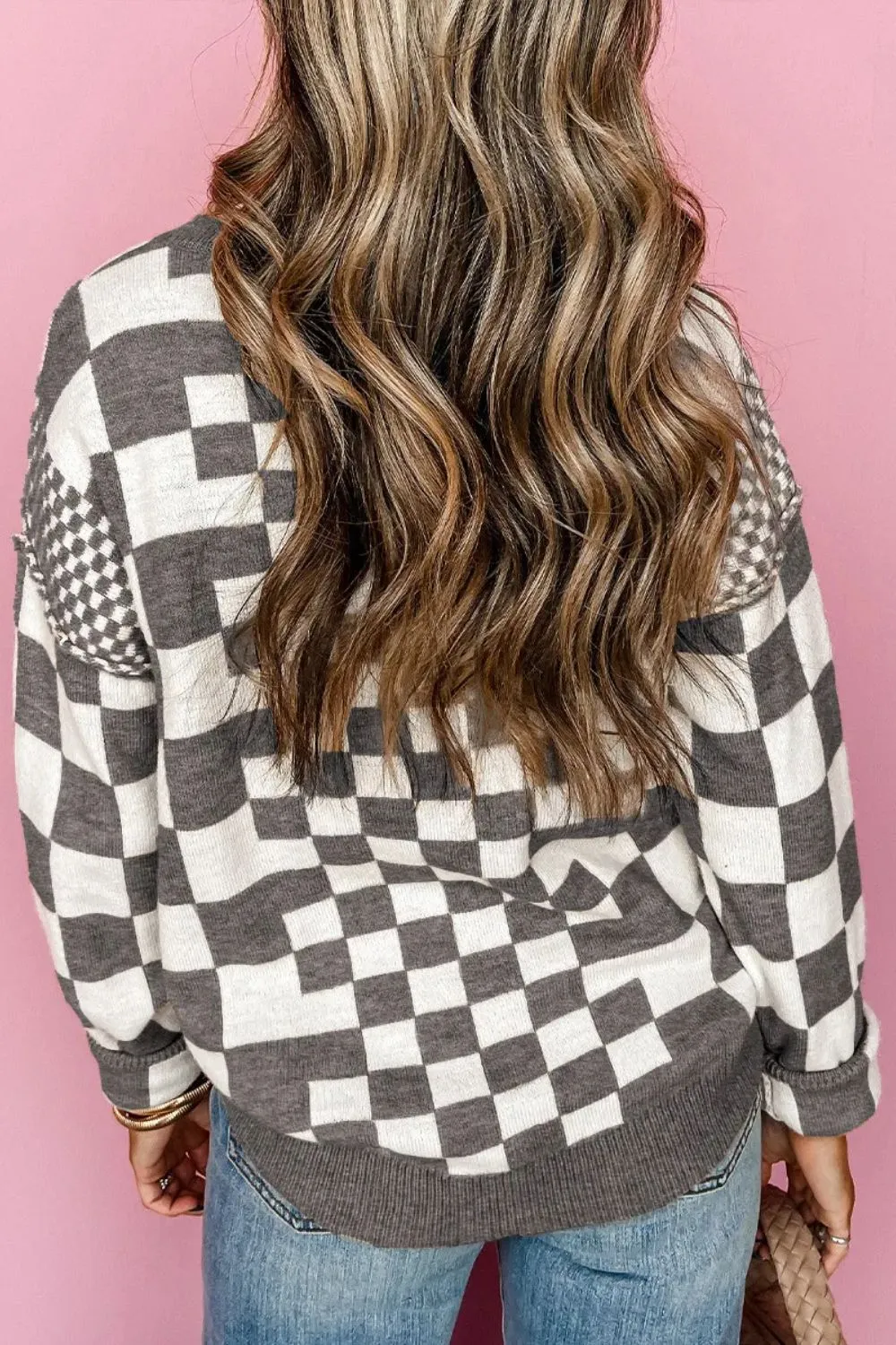 Checkered Round Neck Long Sleeve Sweater, image 2