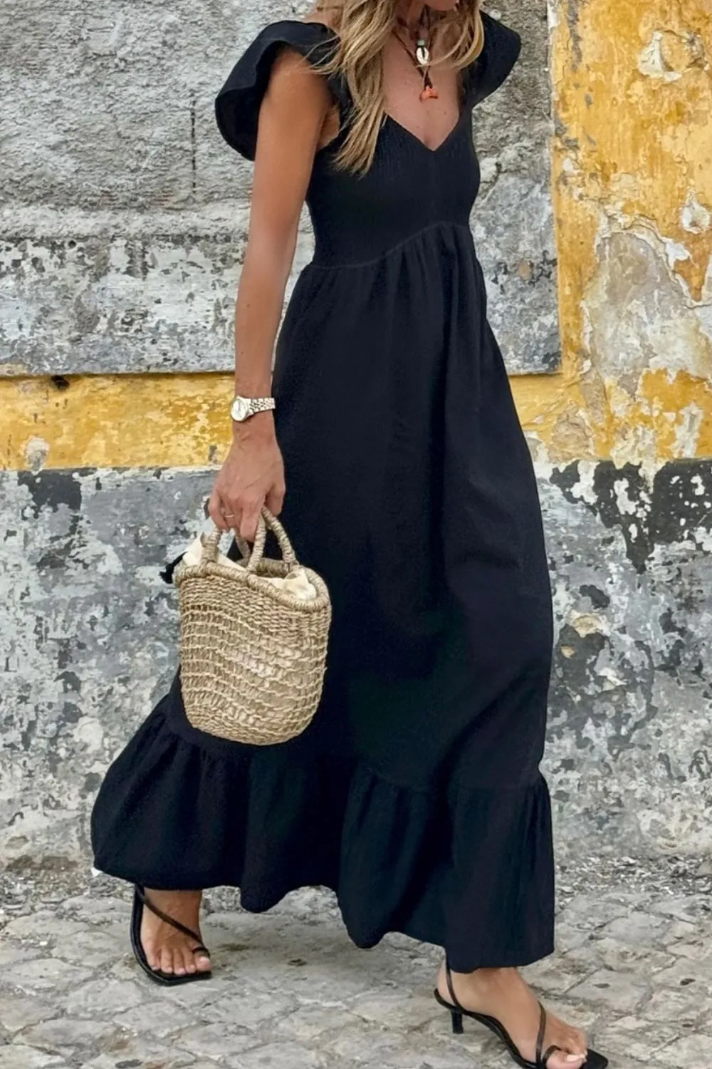 V Neck Ruffled Cap Sleeve Smocked Maxi Dress