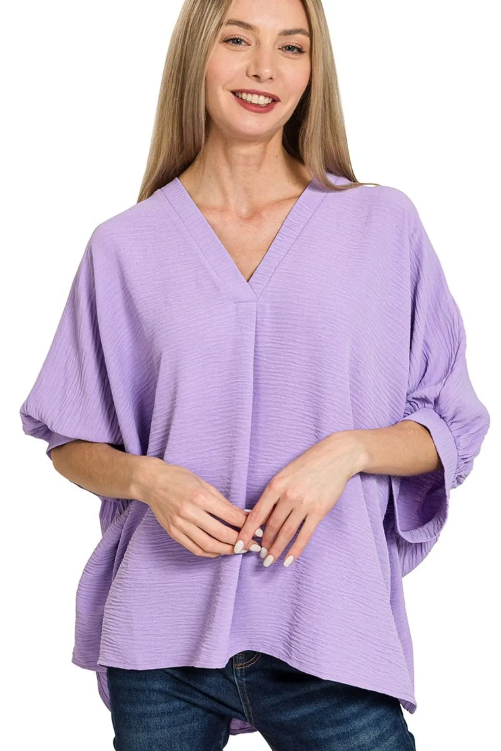 Woven Airflow V-neck Puff Half Sleeve Top, image 2