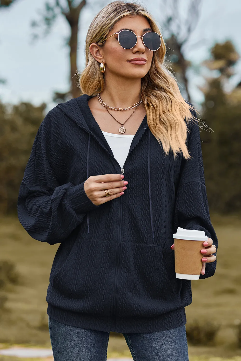 Drawstring Zip Up Dropped Shoulder Hoodie, image 7