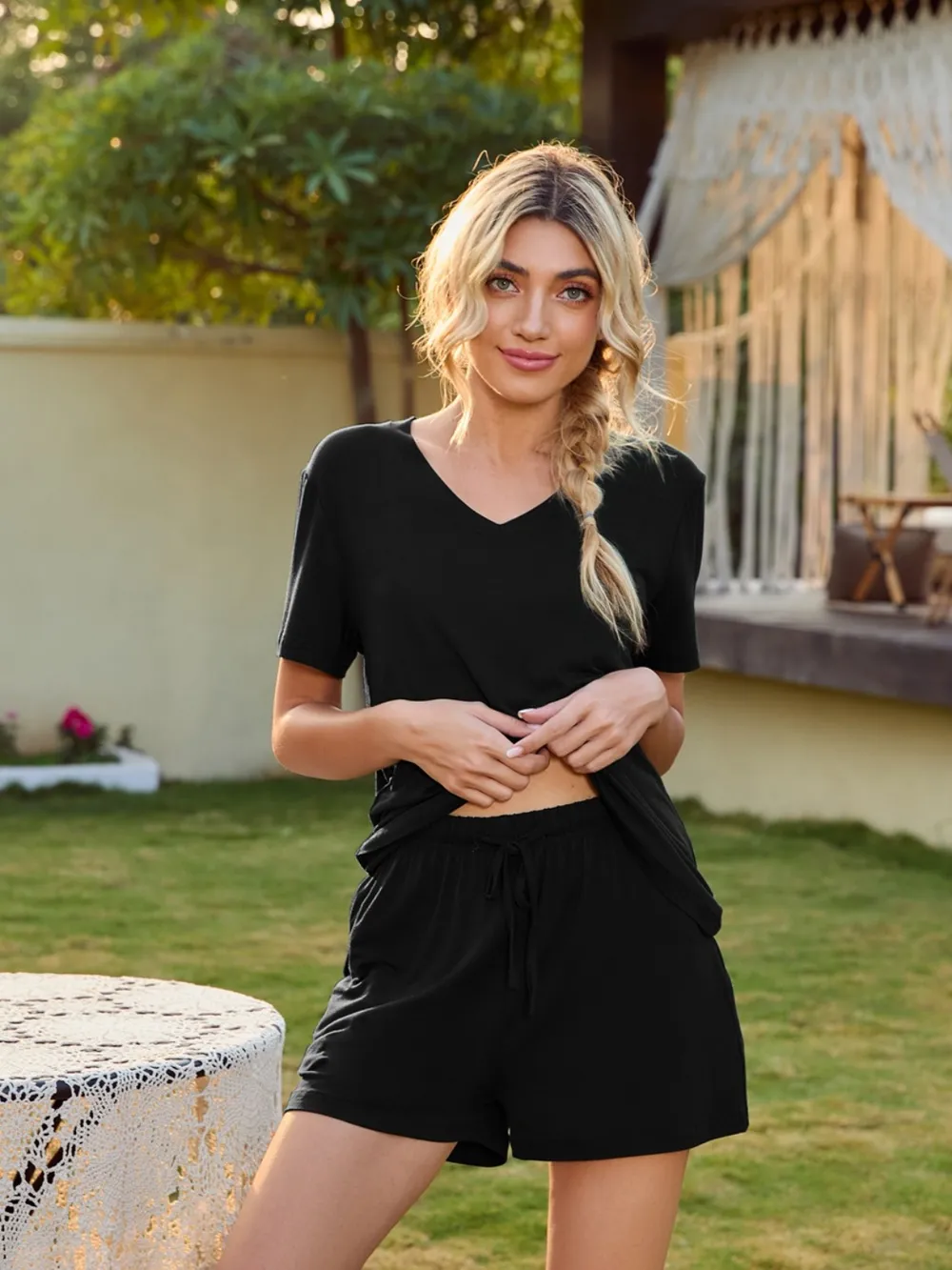 V-Neck Short Sleeve Top and Pocketed Shorts Lounge Set, image 2