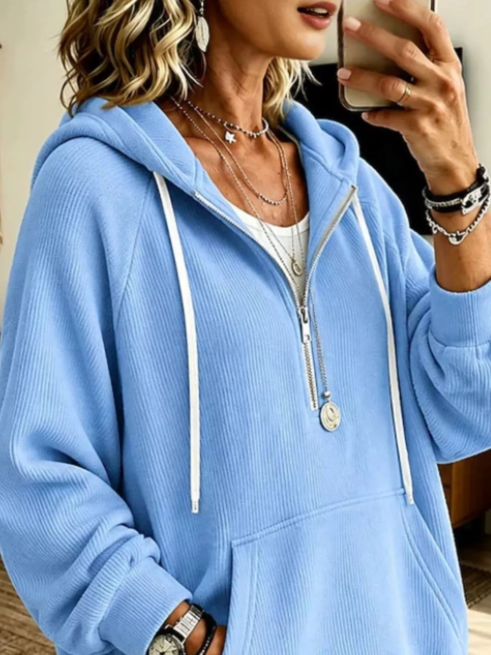 Ribbed Knit Quarter-Zip Hoodie with Kangaroo Pocket, image 14