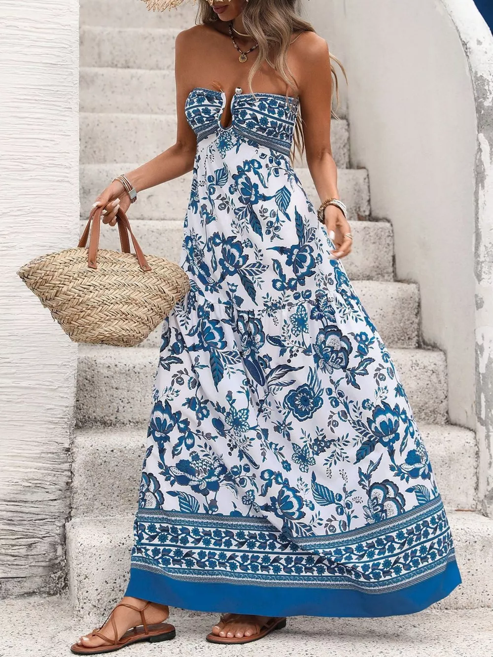 Floral Print Strapless Maxi Dress, image 3