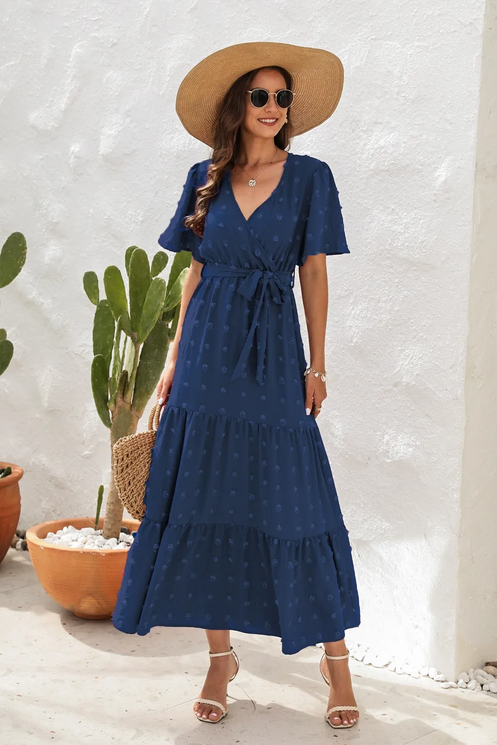 Swiss Dot Tied Surplice Short Sleeve Dress, image 7