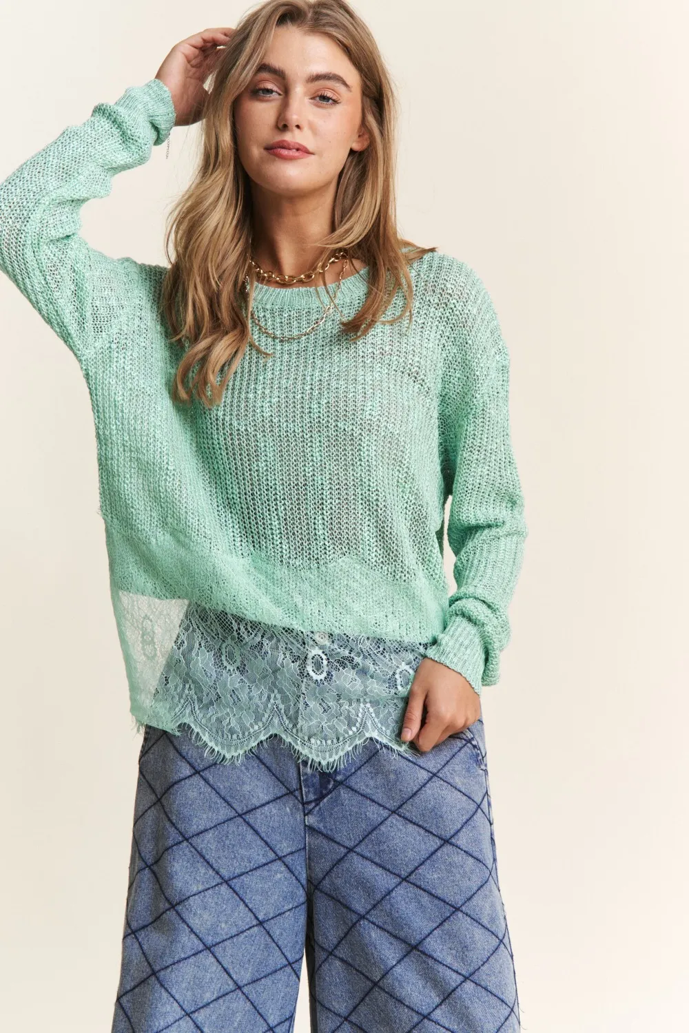 Lace Detail Long Sleeve Knit Top, image 4
