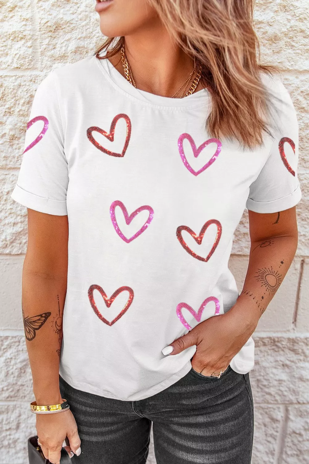 Sequin Heart Short Sleeve Casual Tee, image 2