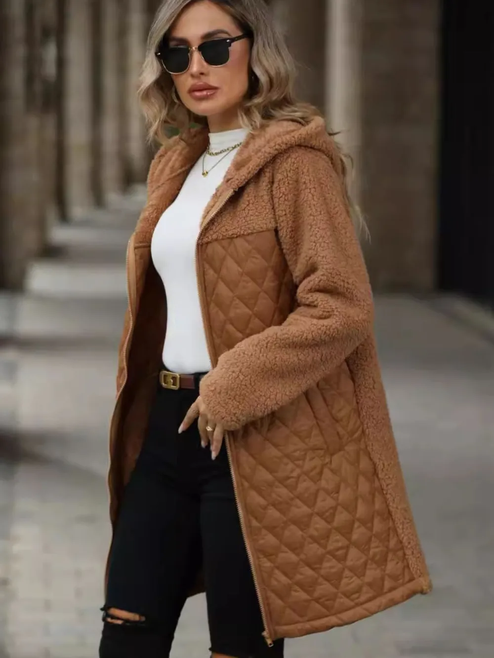 Texture Zip Up Long Sleeve Hooded Coat, image 5