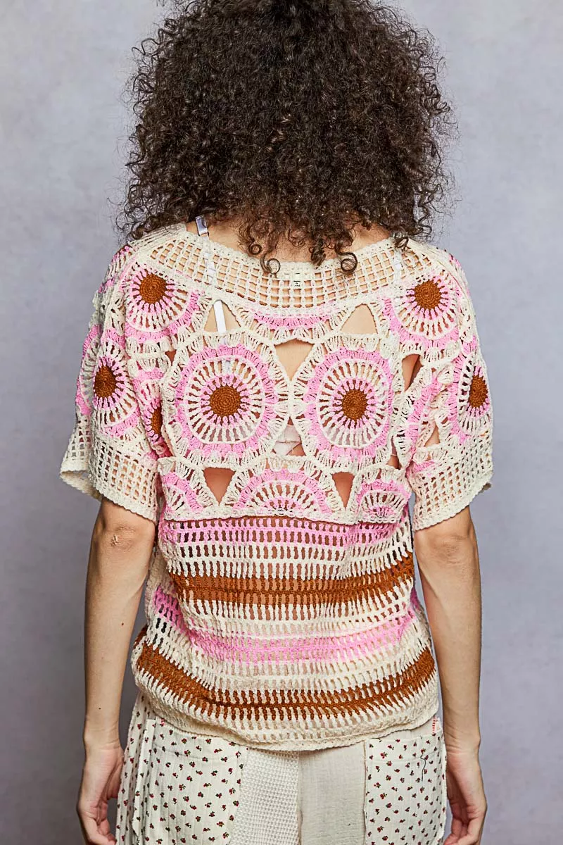 Weave Pattern Short Sleeve Crochet Top with Border Accents, image 5