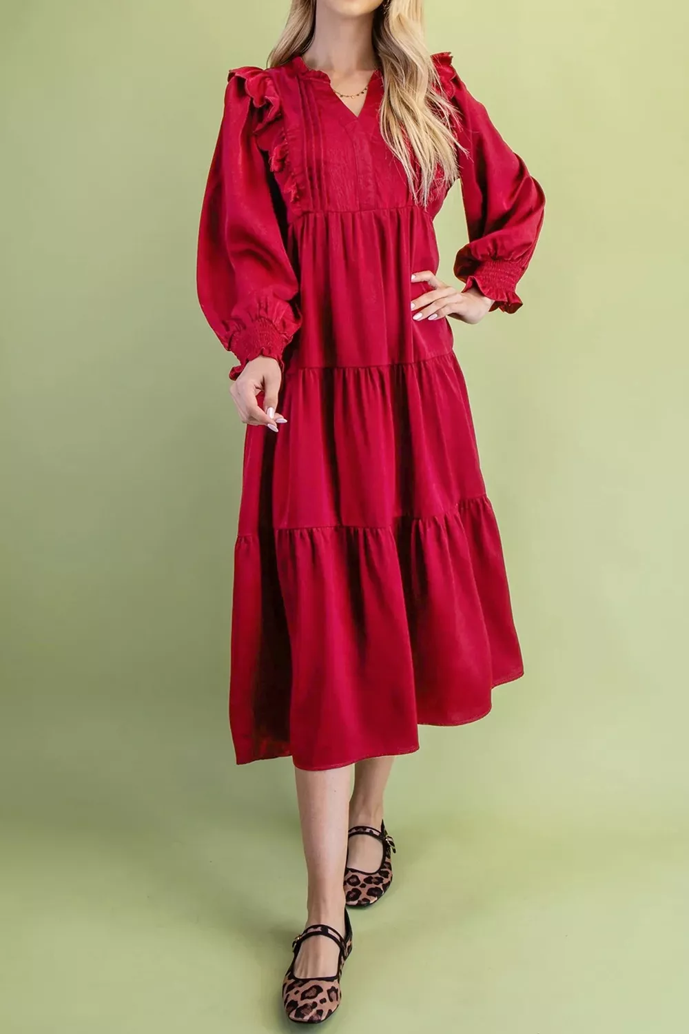 Solid Color Ruffle Trim Long Sleeve Tiered Shift Midi Dress, image 3