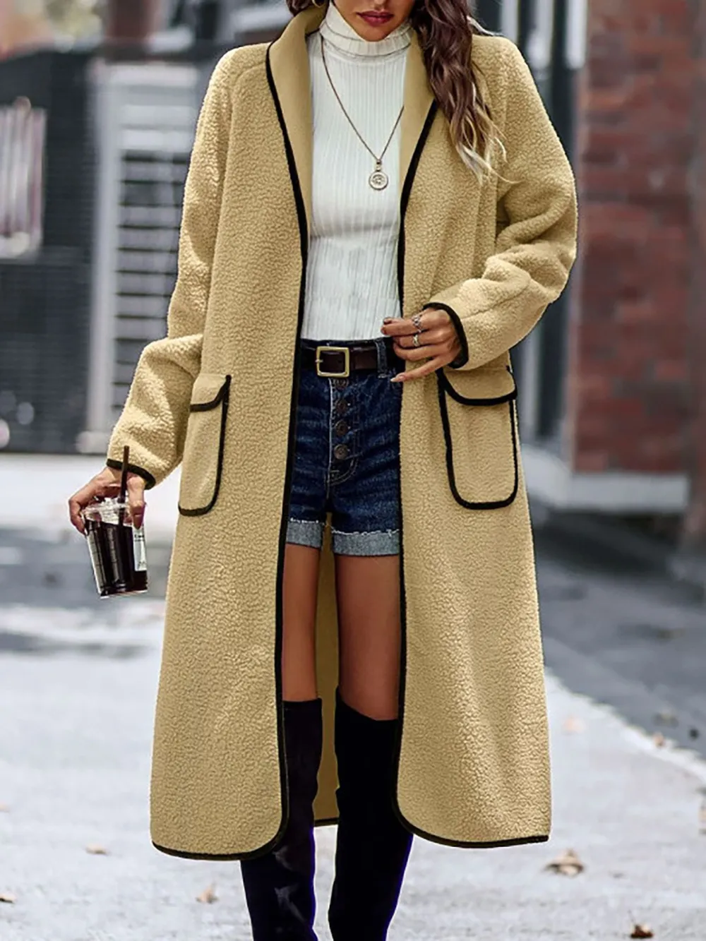 Full Size Contrast Trim Long Sleeve Coat with Pockets, image 2