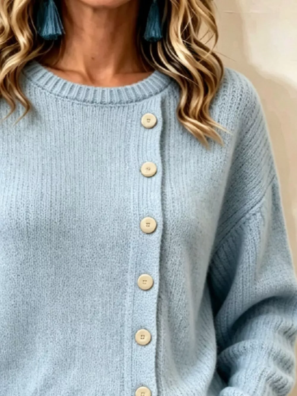 Decorative Button Dropped Shoulder Sweater, image 2