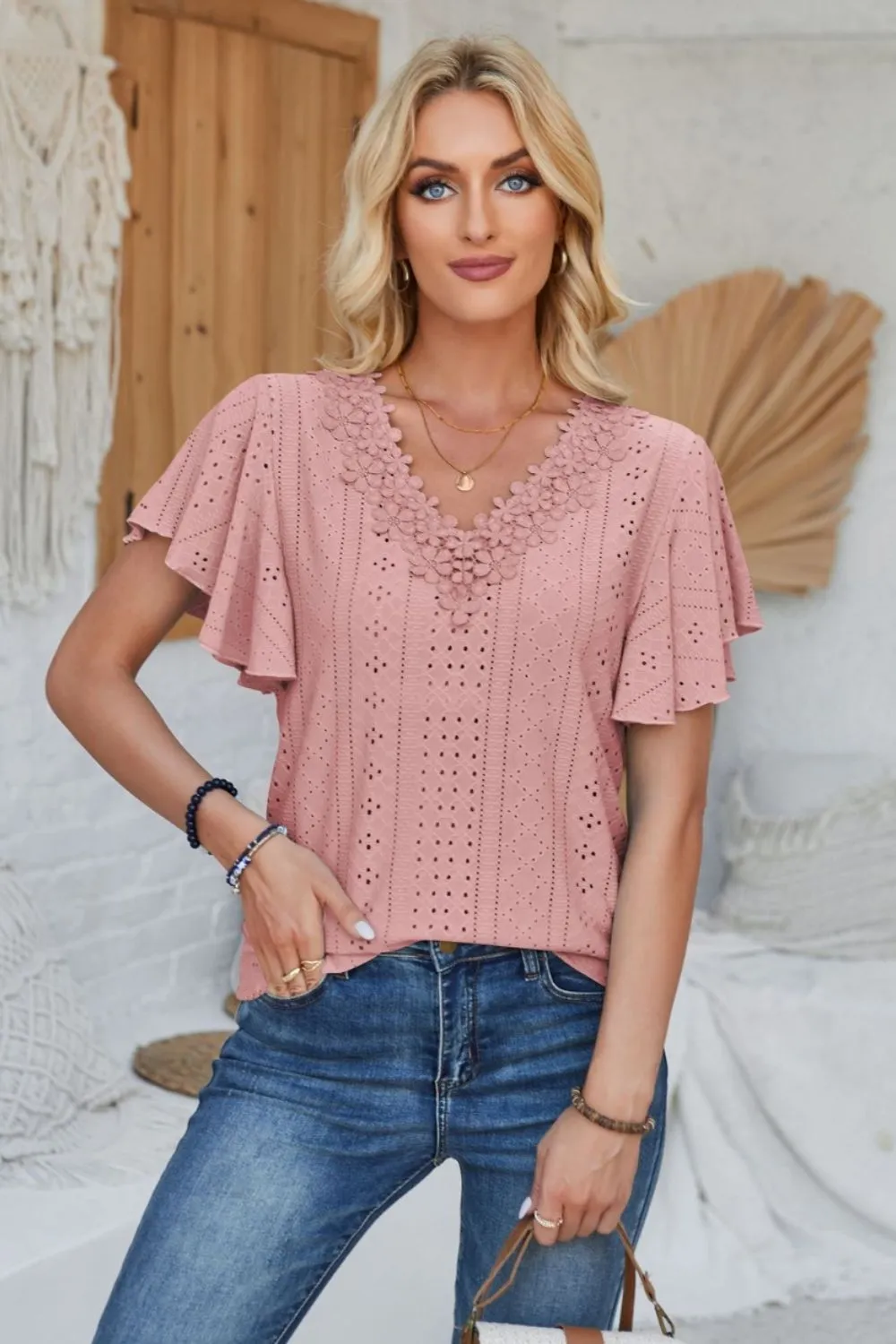 Eyelet Applique V-Neck Cap Sleeve T-Shirt, image 27