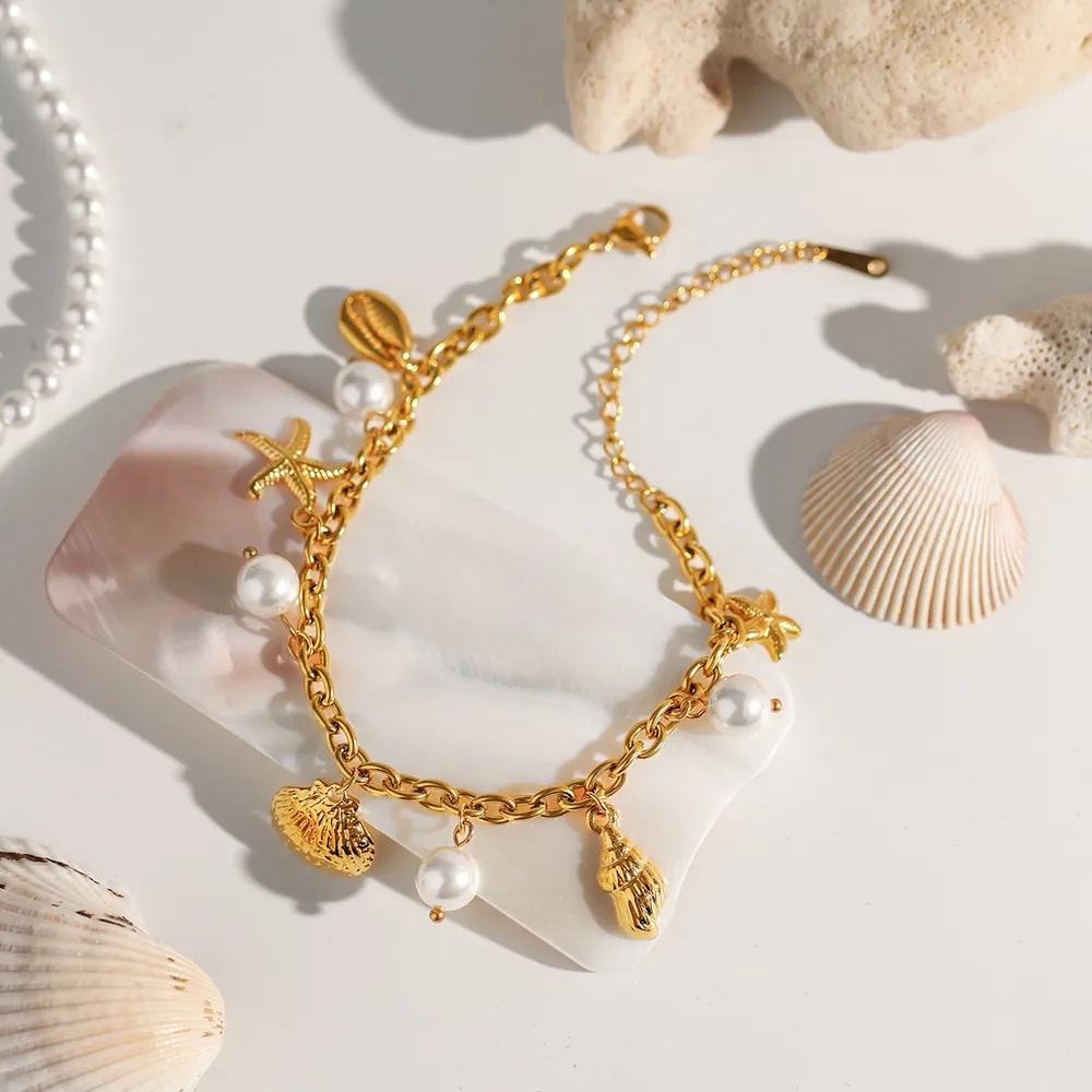 Ocean Theme Stainless Steel Chain Bracelet with Seashell and Starfish Pendants, image 2