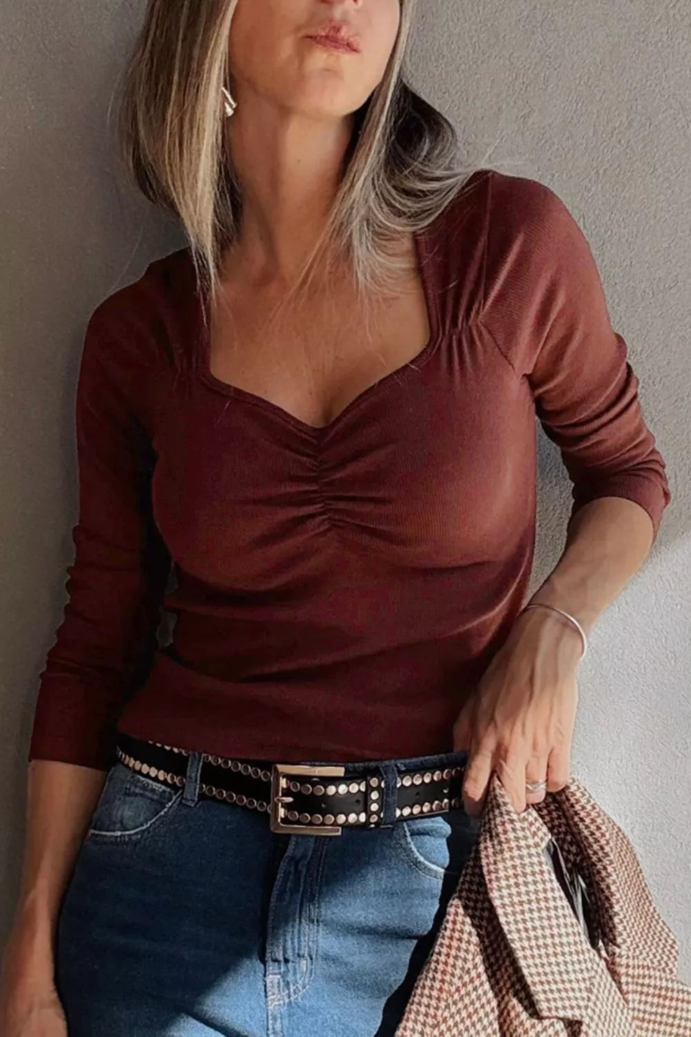 Gathered Bust Square Neck Ribbed Fit Long Sleeve Top, image 4