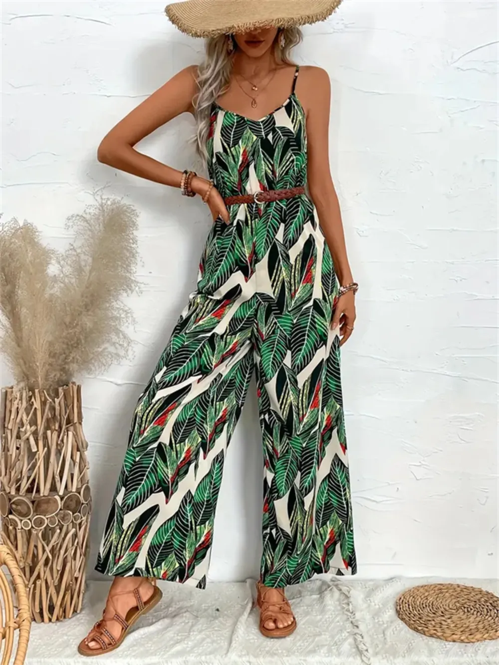 Tropical Print Spaghetti Strap Wide Leg Jumpsuit, image 2