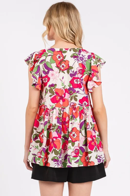 Floral V-Neck Ruffled Cap Sleeve Blouse, image 4