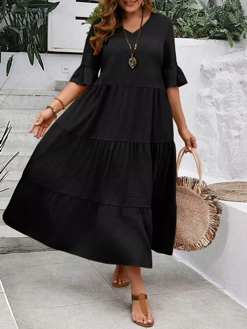 Plus Size Ruffle Sleeves Tiered Midi Dress, image 3