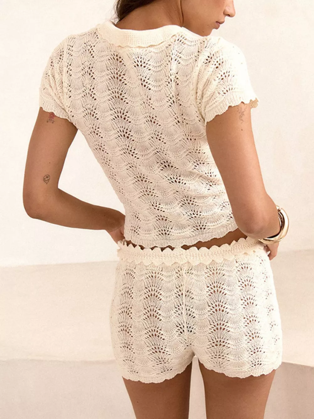 Openwork Crochet Knit Polo Top and Shorts Set, image 3