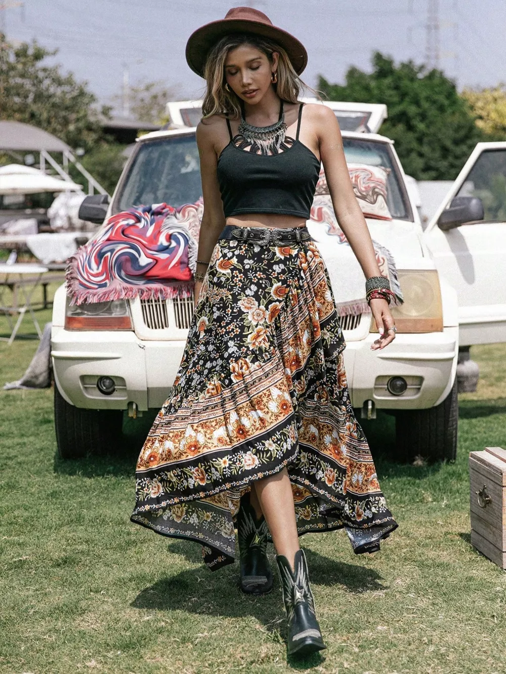 Plus Size Boho Floral Print High-Low Skirt, image 2