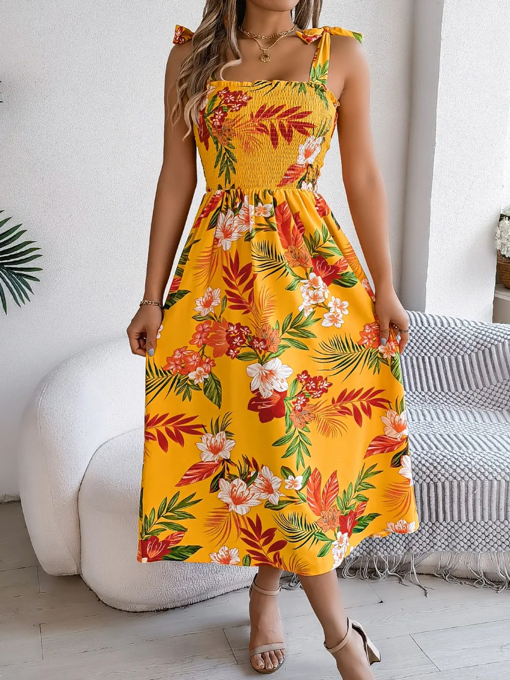Smocked Floral Tie Shoulder Midi Dress, image 3