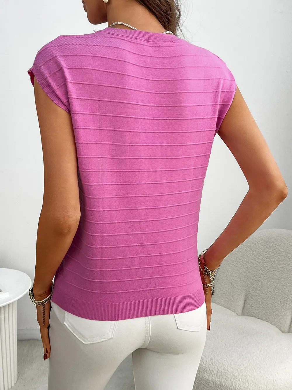 Round Neck Cap Sleeve Knit Top, image 6
