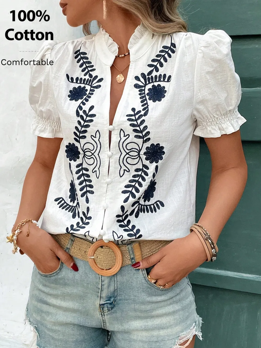 Embroidered Frill Notched Short Sleeve Blouse, image 4
