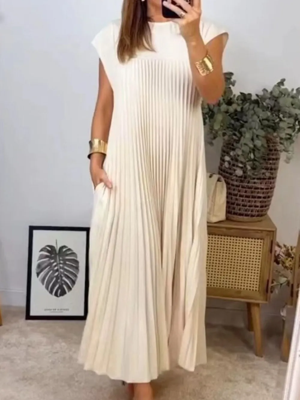 Full Size Pleated Round Neck Maxi Dress Plus Size, image 2